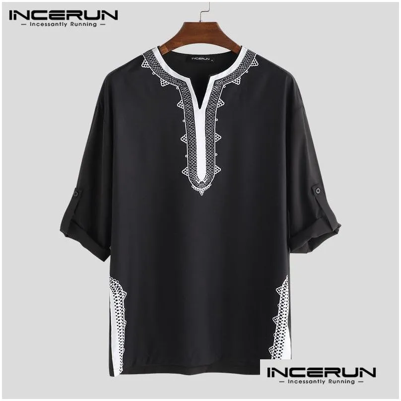 Men`S T-Shirts Incerun Men Tops African Dashiki T Shirts Printed Long Sleeve V Neck Breathable Ethnic Style Casual Clothes Drop Delive Dhhzv