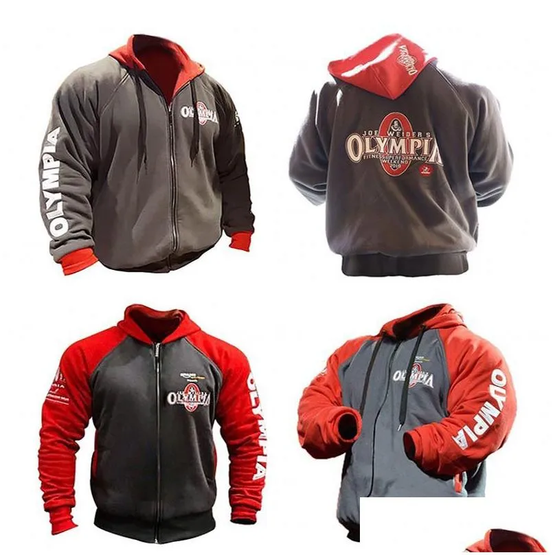 OLYMPIA Men Gyms Hoodies Gym Fitness Bodybuilding Sweatshirt Zipper Closure Sportswear Male Workout Hooded Jacket Clothing