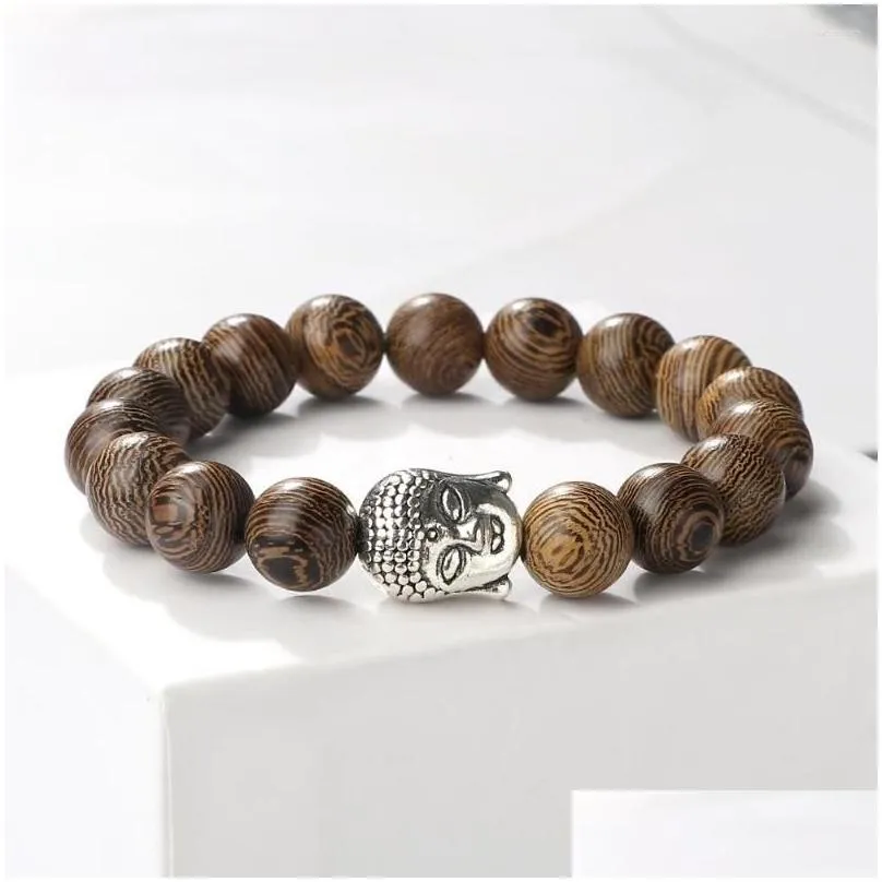 Strand 8 10 12MM Wooden Beads Bracelet For Men Women Buddha Head Charm Bangles Yoga Elastic Distance Bracelets Jewelry Friend Gifts