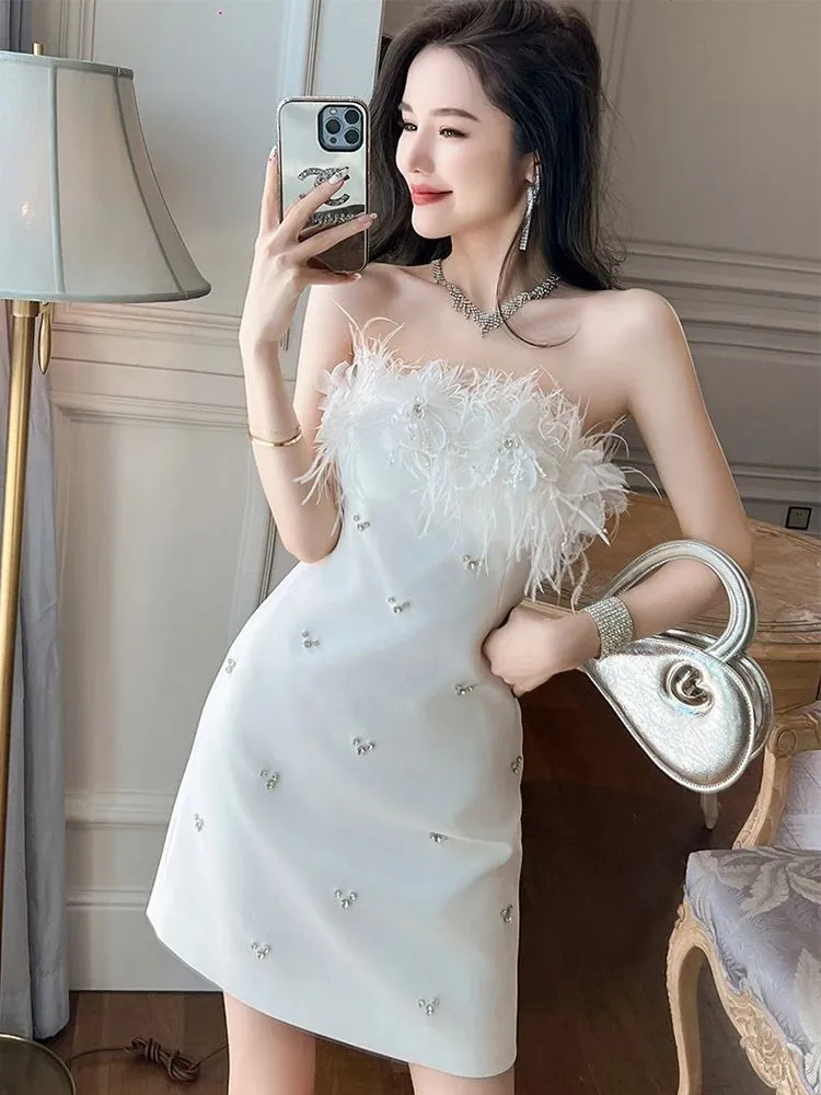 Basic Casual Women Dresses Summer Celebrity Cute Kawaii Strapless Elegant Luxury Diamonds White Dress Birthday Party Vestiods Girl Prom Club Gown Clothes