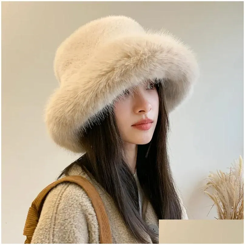 Wide Brim Hats Bucket Hats Big Fluffy Faux Fur Bucket Hat for Women Luxury Plush Fisherman Hat Warm Winter Hat Thicken Cold Snowy Day Panama Cap