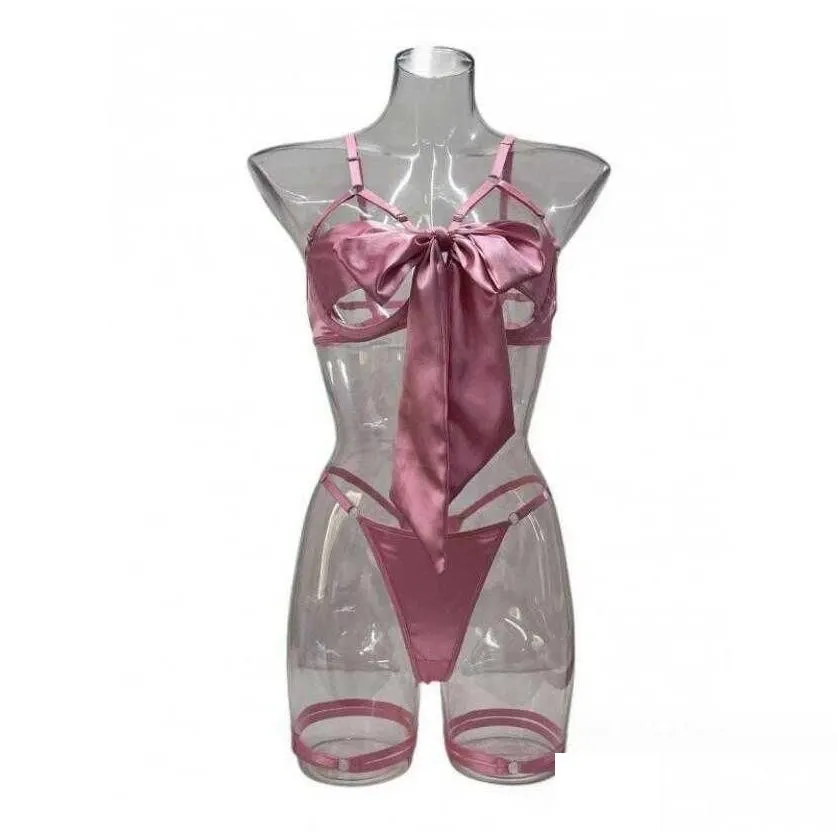 New hot sexy underwear delicate bow hollow sexy three-piece set with steel ring L231229