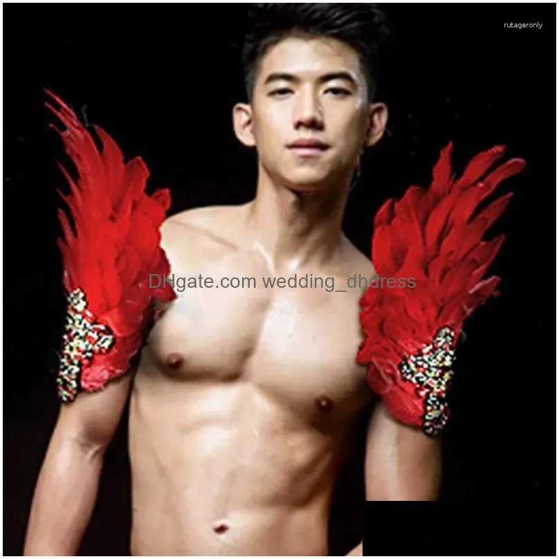 stage wear red white feather rhinestone shoulder ornament arm gloves performance accessories male female dj singer gogo dance costume