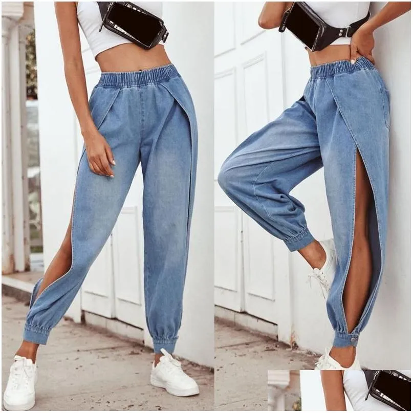 Fashion Jeans Women Casual Loose Ladies` High Waist Denim Split Legs Denim Sports Pants Korean Streetwear Jeans mujer L42