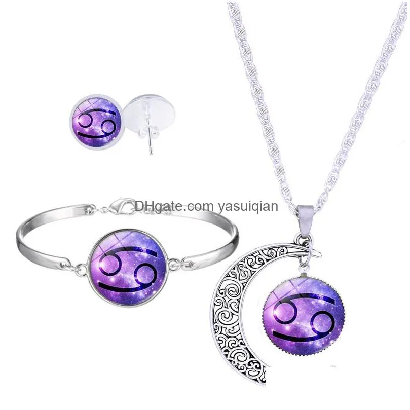Bracelet, Earrings & Necklace Fashion 12 Zodiac Sign Pendant Moon Stud Bracelets Set For Women Glass Cabochons Horoscope Constellatio Dhnh1