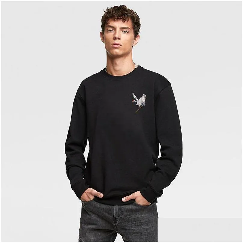 Men`S Hoodies & Sweatshirts Mens Chinese Style Designer Crane Embroidery Black Fleece Plover Pure Cotton Sweater Men And Women Couple Dhl7N
