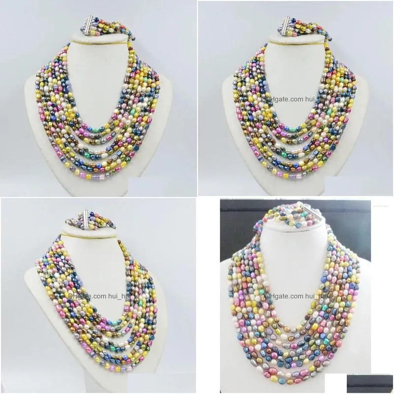 necklace earrings set 8 rows 5-6 mm profusion colour layer freshwater pearl bracelet