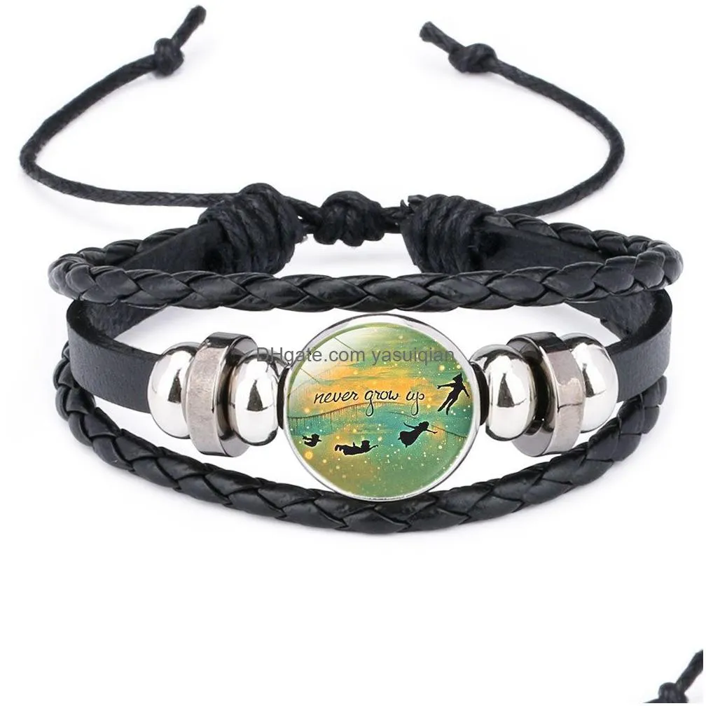 Charm Bracelets Never Grow Up Kid 6 Colors Braided Leather Rope Chains Children Dream Glass Cabochon Bangle Fashion Boy Girl Jewelry Dhvt2
