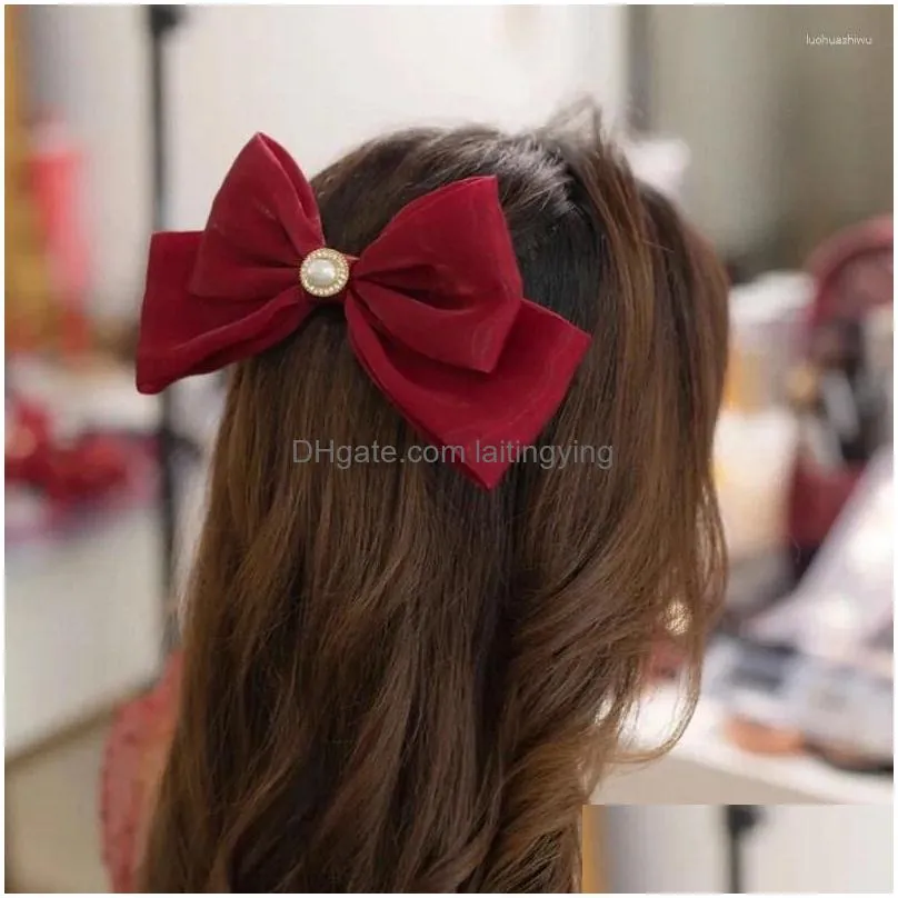 hair accessories temperament red bowknot hairpins solid color for sweet girls satin zircon imitation pearl kids barrettes jewelry drop