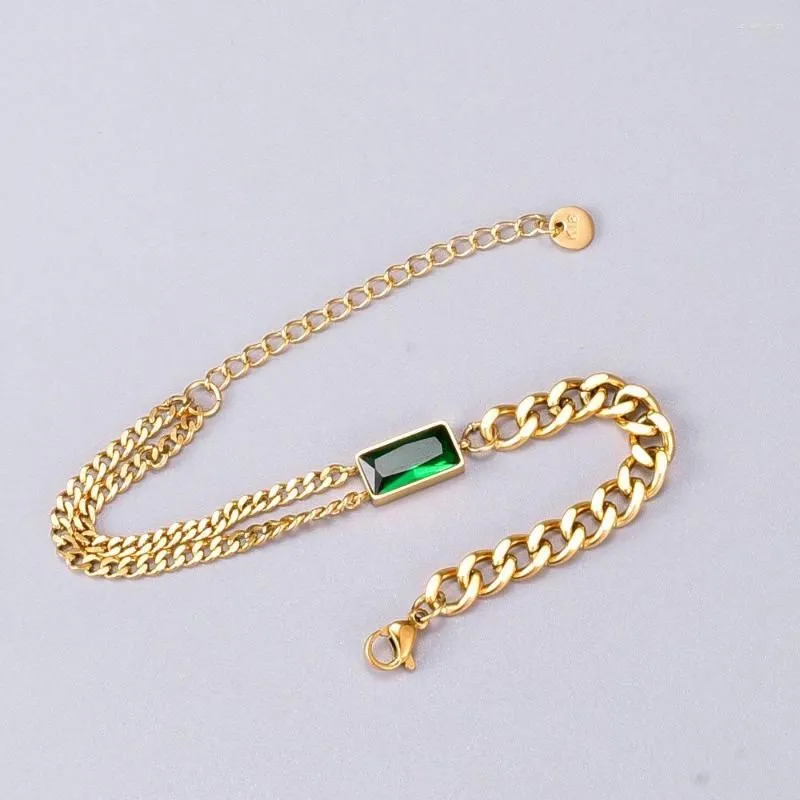 Charm Bracelets YCHM Green Zircon Double Layers Bracelet For Women Stainless Steel Gold Color Chunky Cuban Chain Hip Hop Jewelry Girls