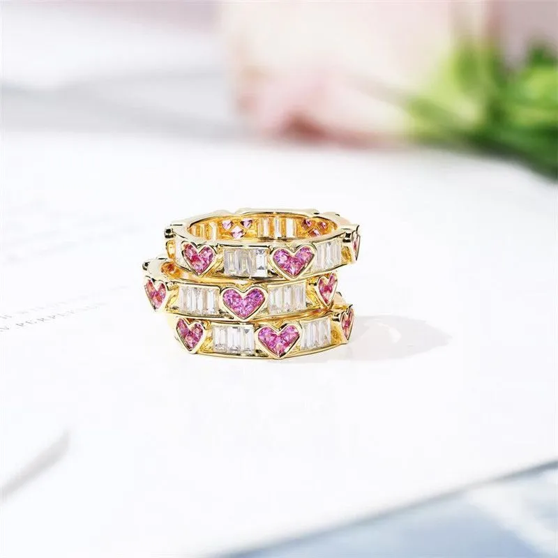 Classical Fine Jewelry Hot Sale 925 Sterling Silver&Gold Fill Pink Sapphire CZ Diamond Gemstones Heart Shape Women Wedding Band Ring