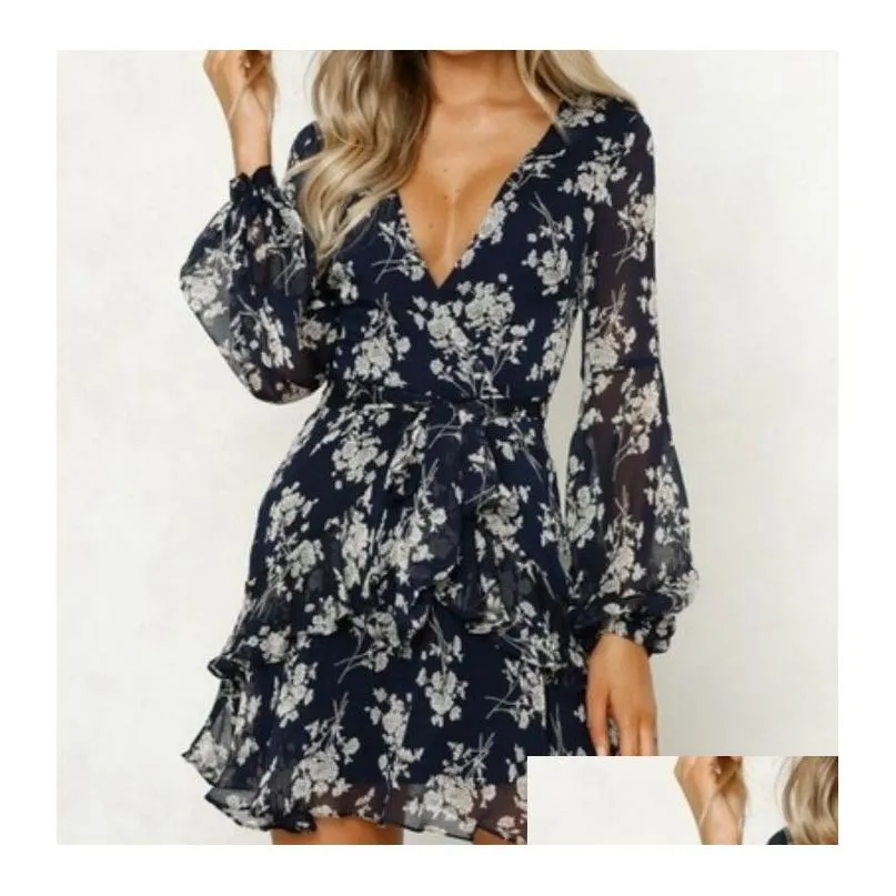 Basic & Casual Dresses Women Long Sleeve Tiered Fashion V-Neck Flower Printing Dress Spring And Autumn Clothes French Elegance Y Midi Dhfaf