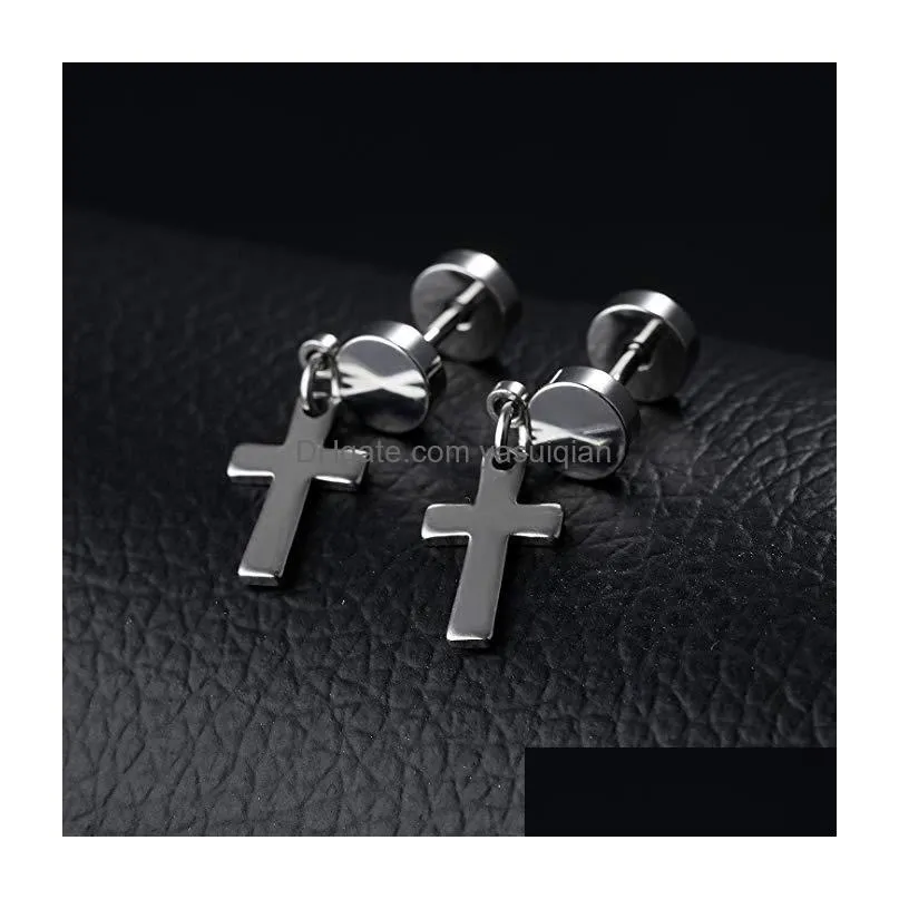 Dangle & Chandelier Titanium Steel Dumbbell Cross Design Stud Earrings For Men Women Punk Crucifix Double Sided Screw-Back Hypoallerg Dhfjx