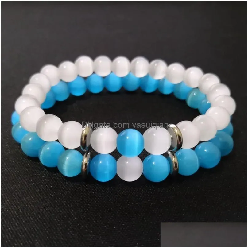 Beaded New 8Mm Blue White Opal Beads Chains Bracelet For Women Men Couple Healing Crystal Natural Stone Strands Bangle Fashion Jewelr Dh8Xq