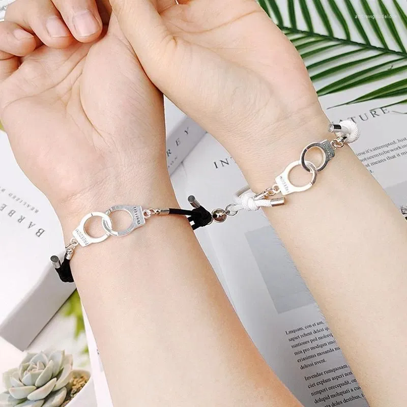 Charm Bracelets 1Pair Two Handcuff Ball Magnetic Bracelet Steel Pendant Couple For Lover Friendship Braid Rope Magnet Jewelry