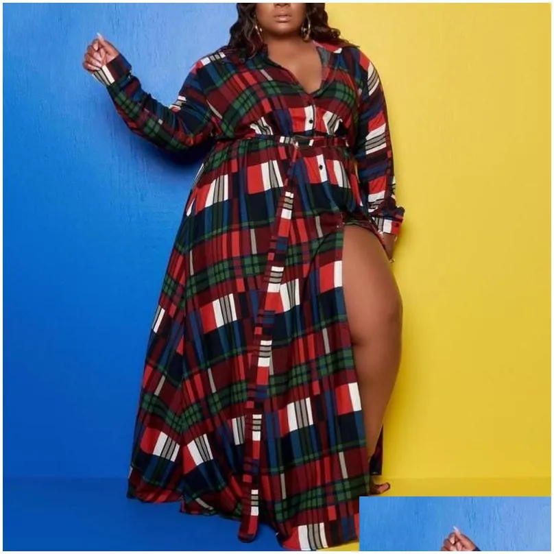 Basic & Casual Dresses Womens 4Xl 5Xl Plus Size Red Plaid Button Dress Floor Length Single Breasted Long Sleeve High Waist Vintage El Dh0Rd