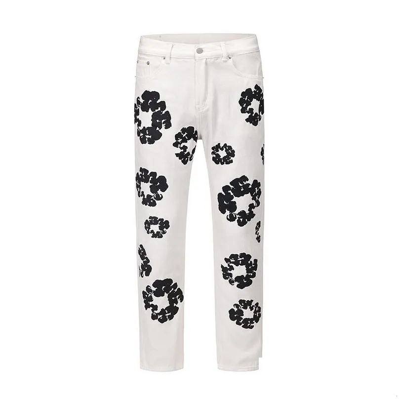 23ss Flower Full Print Jeans Pants Oversized Streetwear Straight Casual Men and Women Denim Trousers