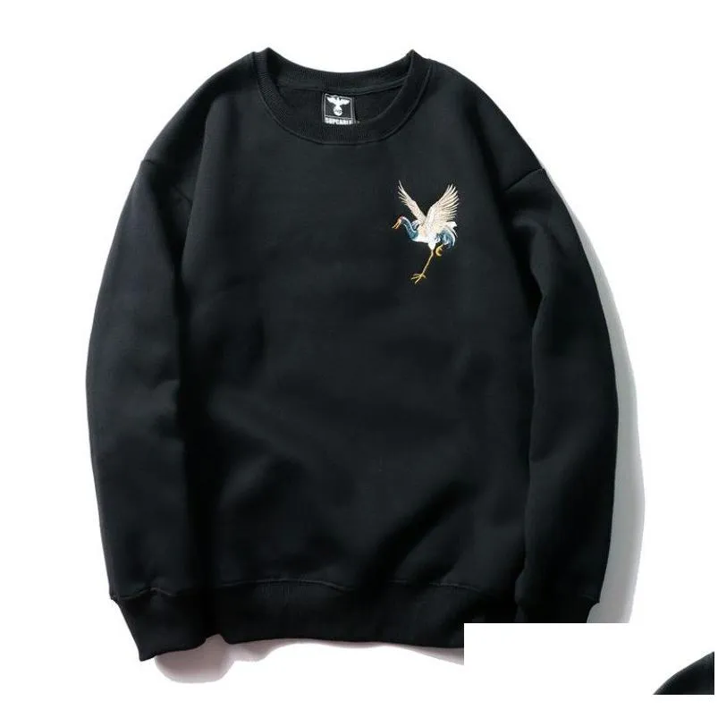 Men`S Hoodies & Sweatshirts Mens Chinese Style Designer Crane Embroidery Black Fleece Plover Pure Cotton Sweater Men And Women Couple Dhl7N