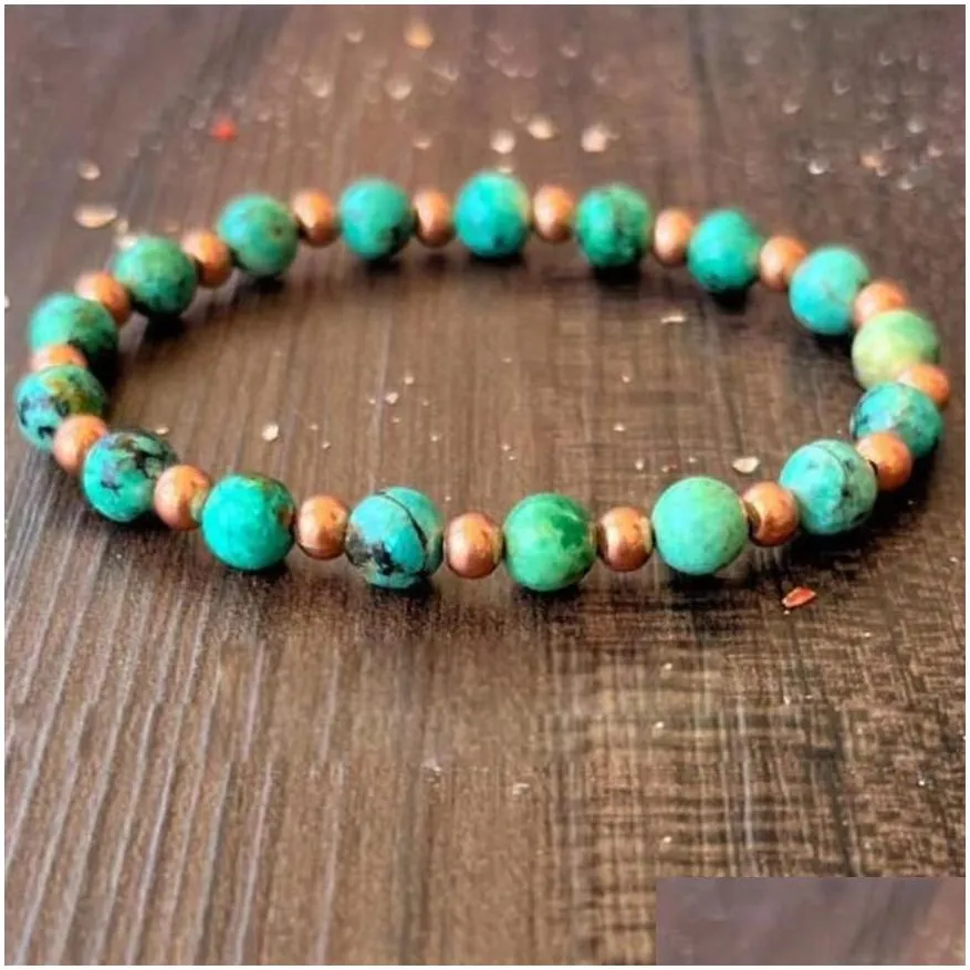 MG1609 Strand New Design Throat Chakra Wrist Mala Bracelet 6 MM African Turquoise & Copper Beaded Bracelet For Women300a