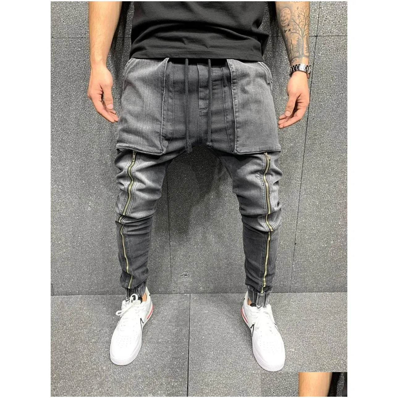 Men`S Jeans Mens Fit Zipper Pocket Design High Street Men Died Denim Joggers Pants Washed Pencil Drop Delivery Apparel Clothing Dhskz