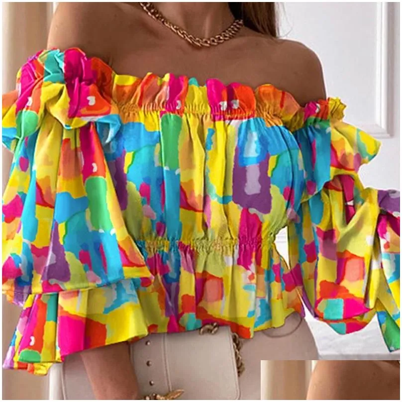 Women`S Blouses & Shirts Womens Women Off Shoder Ruffled Trim Shirring Shirt Female Top Summer Casual Long Sleeve Colorf Tighten Wais Dhbji