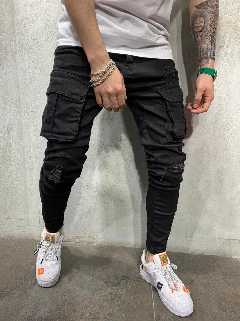 New Black Biker Cargo Jeans Men Multi-Pocket Slim Fit Joggers Trousers Mens Ripped Hole Motorcycle Streetwear Denim Pencil Pants