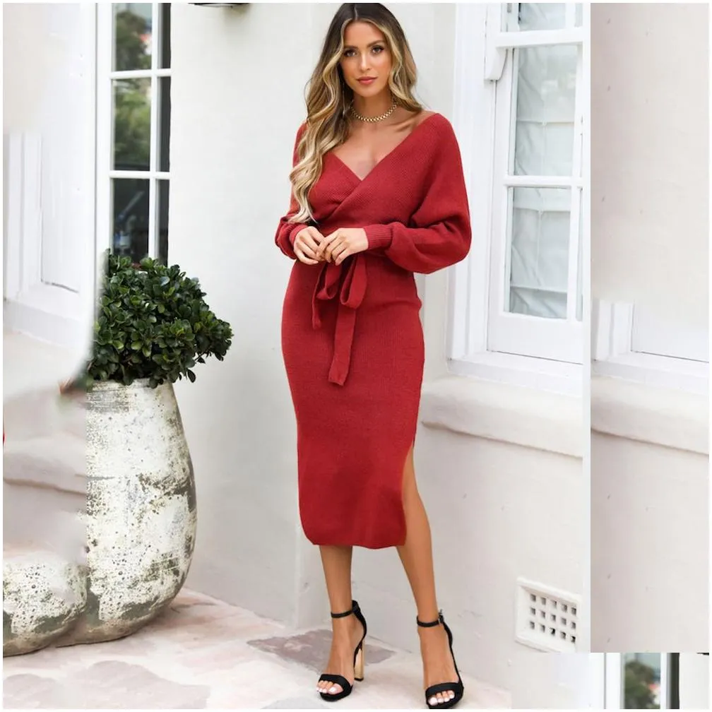 Basic & Casual Dresses Women Bandage Bow Knit Dress Autumn And Winter Split Long Sleeve Y Deep V-Neck Party Mini Solid Color S-Xl Dro Dhrps