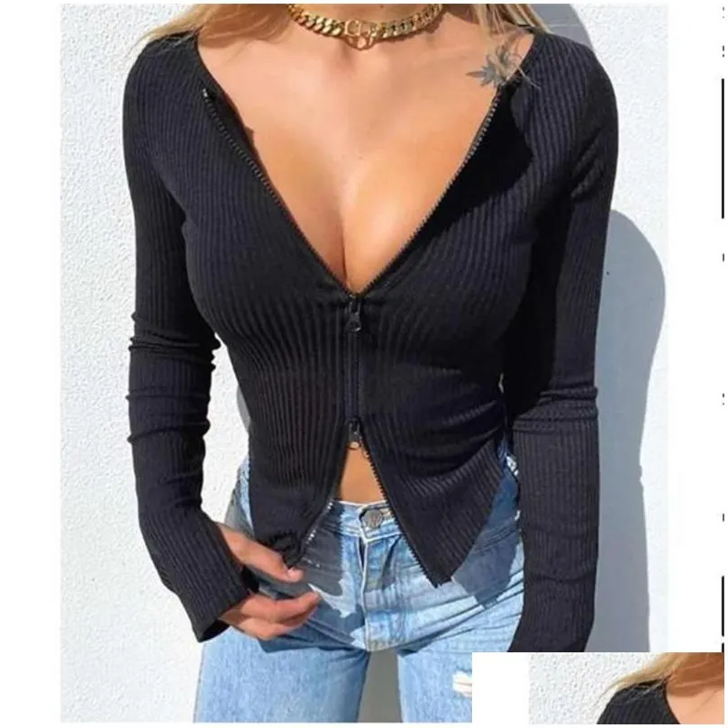 Women`S T-Shirt Womens Women Spring Autumn Clothes Ribbed Knitted Long Sleeve Crop Tops Zipper Design Tee Y Female Slim Drop Delivery Dhk3V