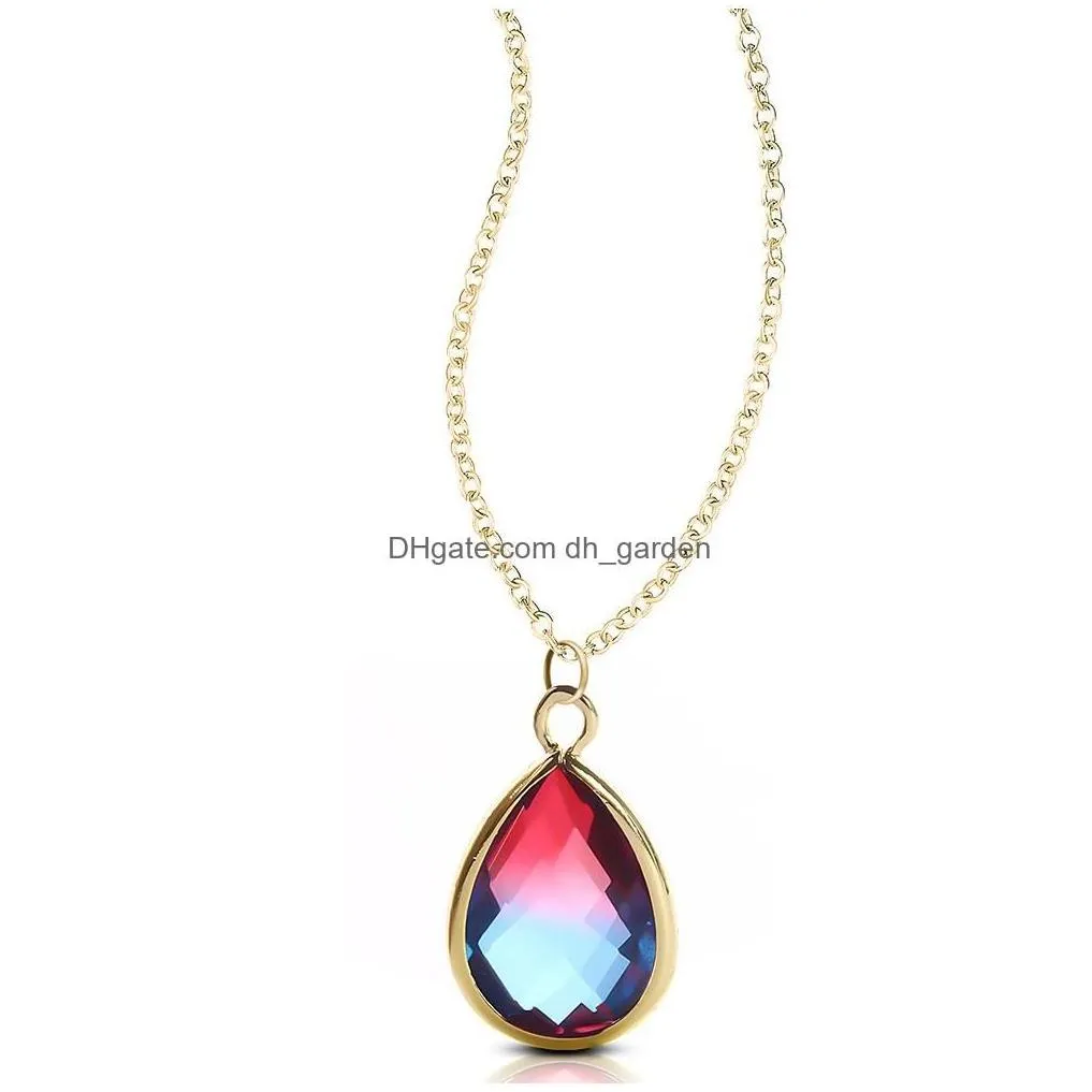 Pendant Necklaces Rainbow Gradient Color Teardrop Glass Crystal Pendant Necklaces For Women Gold Plating Adjusable Fashion W Dhgarden