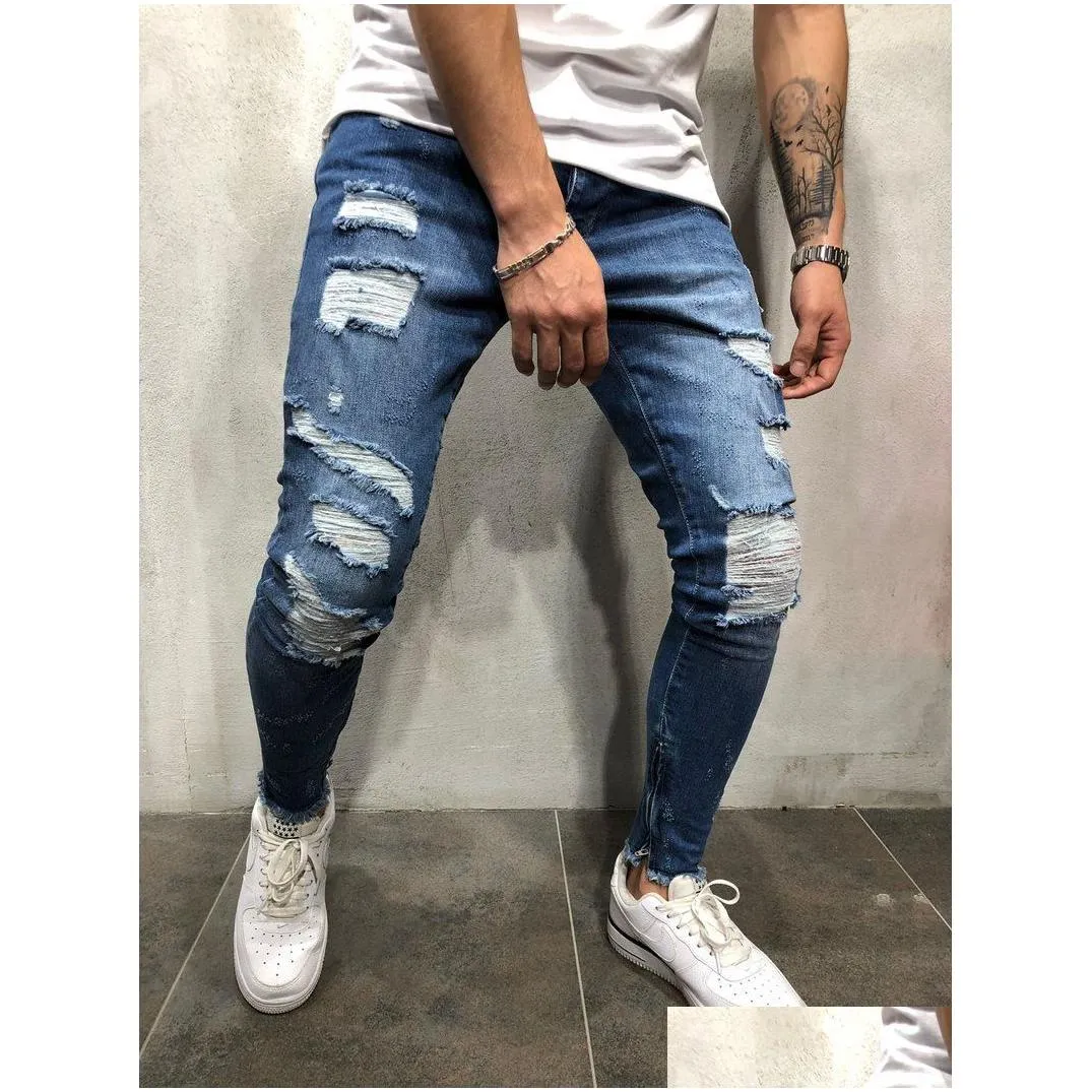 Men`S Jeans Mens Blue Denim Ripped Slim Fit Side Striped Male Skinny Pencil Pants Casual Trousers With Zippers Drop Delivery Apparel Dhuns