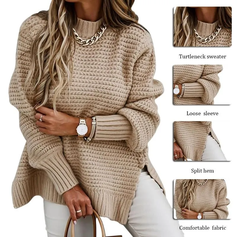Women`s Sweaters Autumn And Winter Style Long-Sleeved Womens Half-High Neck Solid Color Drawstring Side Slit Knit Sweater
