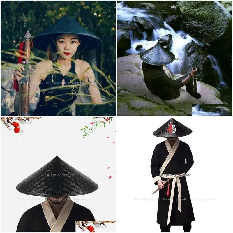 outdoor hats traditional chinese style bamboo weave hat shaolin japanese samurai cosplay oriental headwear prop shade straw caps