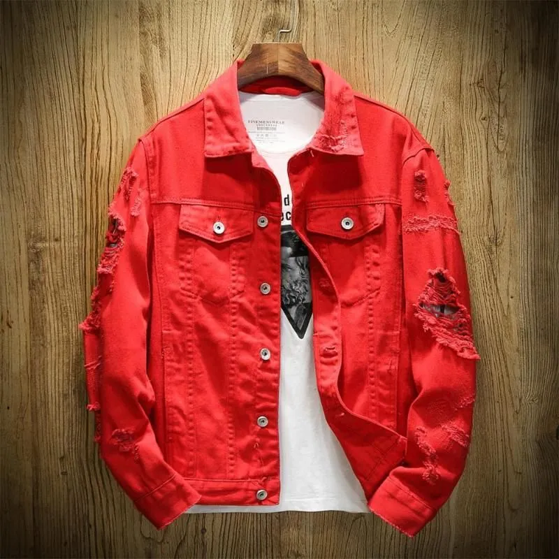 2021 Autumn Mens Jeans Jackets Slim Fit Cotton Denim Jacket Red White Black Ripped Hole Jean Coats Men Outwear Plus size