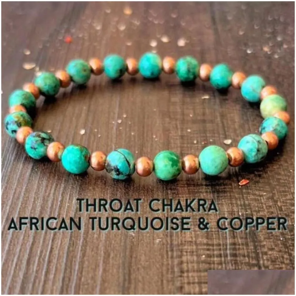 MG1609 Strand New Design Throat Chakra Wrist Mala Bracelet 6 MM African Turquoise & Copper Beaded Bracelet For Women300a