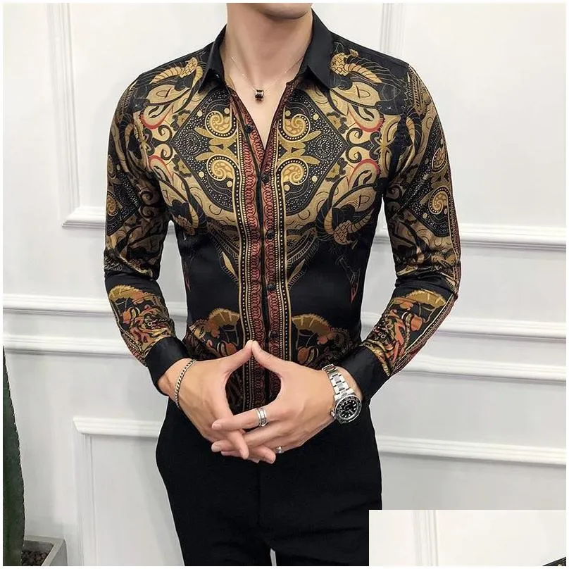 Men`S Dress Shirts Mens 2021 Band Autumn Gold Social Club Shirt Luxury Baroque Camisa Slim Fit Black Designer Drop Delivery Apparel C Dhxsa