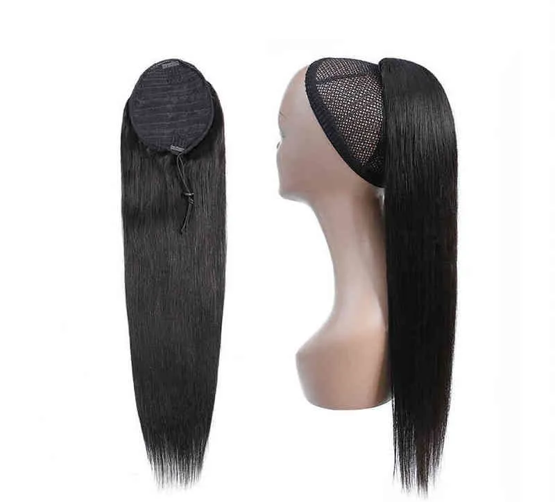 Silky Straight Ponytail Human Hair Brazilian Drawstring Ponytail 1 Piece Clip In Hair Extensions 1B Pony Tail68738014221449