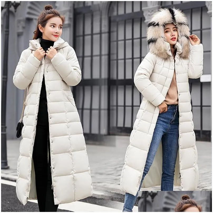 Women`S Down & Parkas Womens 2021 Winter Jacket Warm Fashion Bow Belt Fur Collar Coat Long Drop Delivery Apparel Clothing Outerwear Co Dhqye