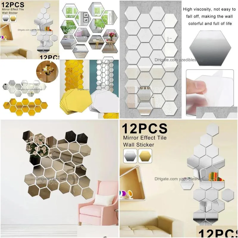 12pcs/lot 3d mirror wall stickers hexagon shape acrylic removable wall sticker decal diy home decoration art mirror ornaments