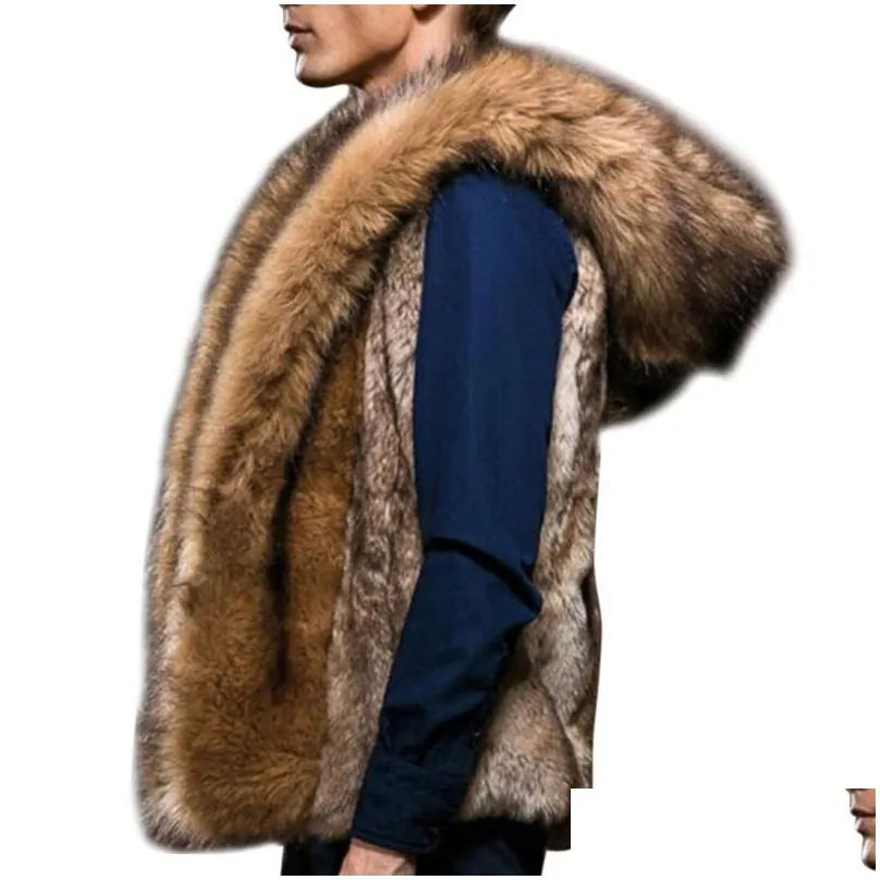 Men`S Vests Fashion Winter Men Hairy Faux Fur Vest Hoodie Hooded Thicken Warm Waistcoats Sleeveless Coat Outerwear Jackets Plus Size D Dhzku