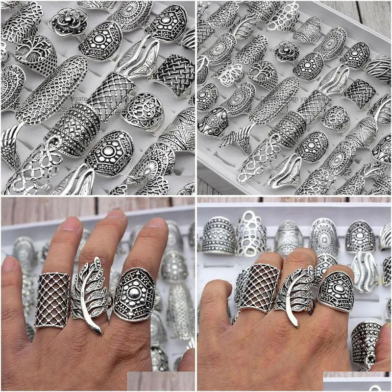 Band Rings Women Bohemian Vintage Carved Flower Sier Plated Jewelry For Gift Party Size 17Mm To 21Mm Mix Drop Delivery Ring Otdqz