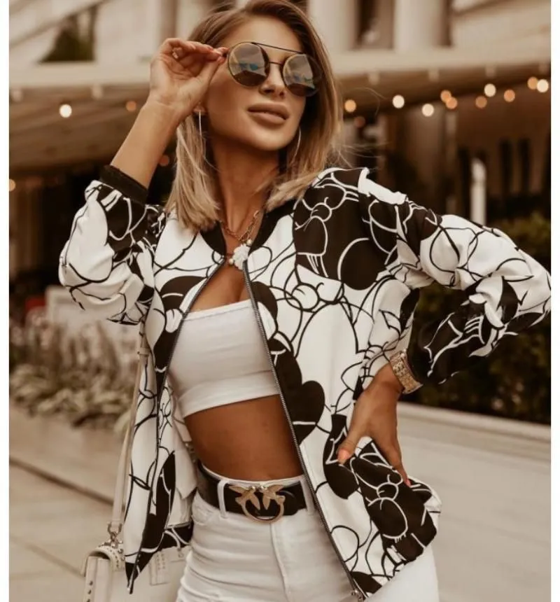 Women`s Jackets Women Bomber Jacket Thin Printing Fashion Basic Long Sleeve Coat Casual Windbreaker Stand Collar Slim Outerwear