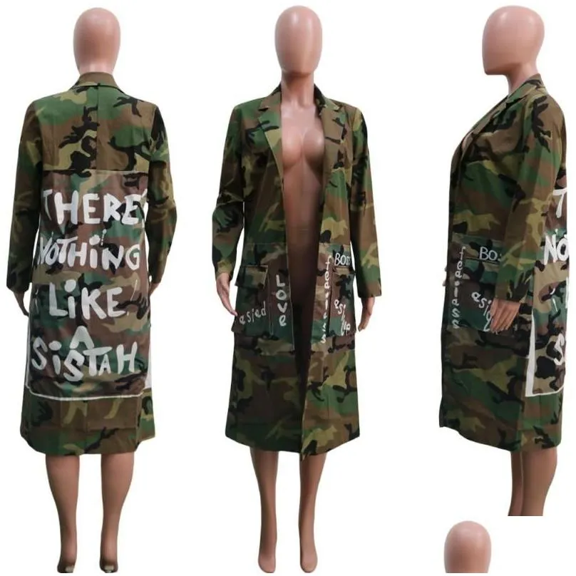 Women`S Trench Coats Womens Tsuretobe Plus Size Camouflage Coat Women Autumn Casual Letter Print Pockets Long Sleeve Overcoat Female O Dhovz