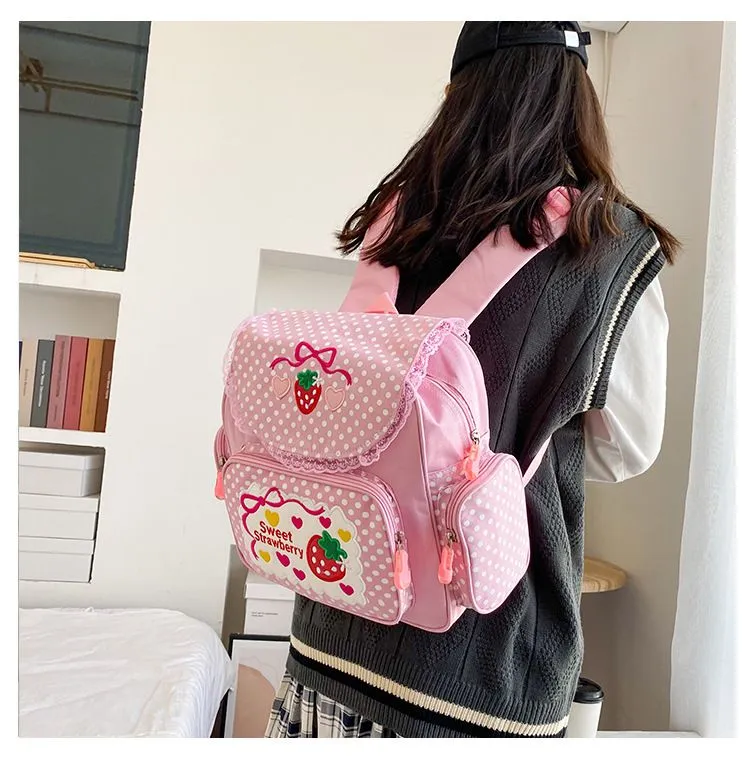 Pink Girl Embroidery Strawberry Children`s Schoolbag Student Girls Birthday Gift Cartoon Children Backpack