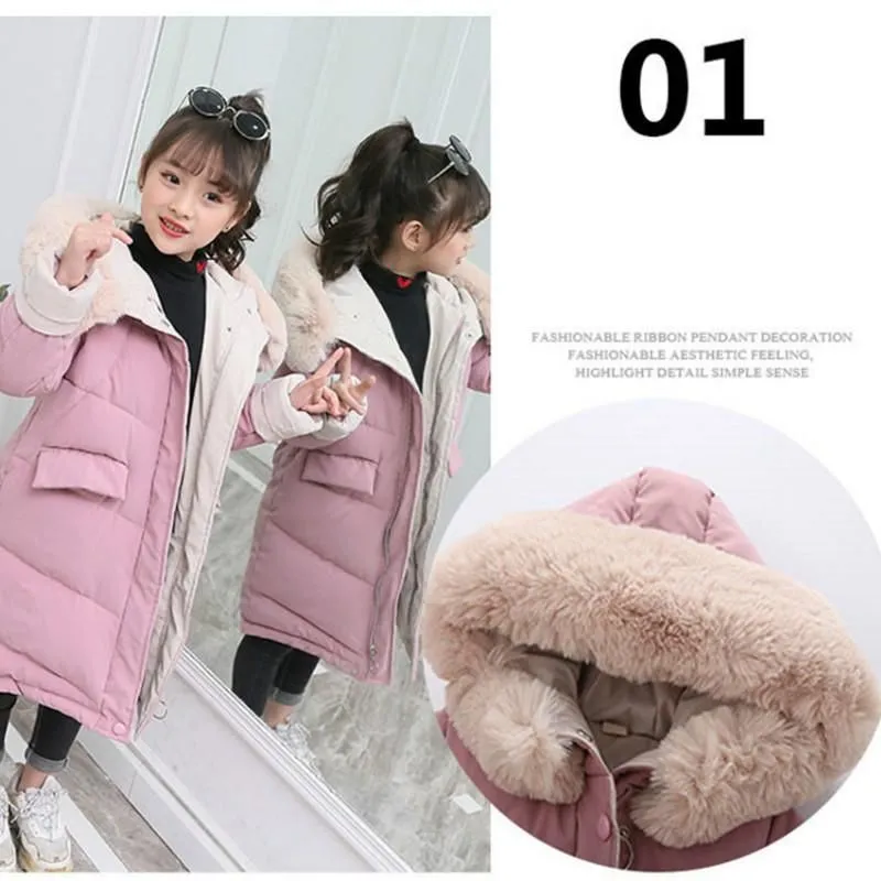 Children Winter Down Cotton Jacket New Fashion Girl Clothing Kids Clothes Thick Parka Fur Hooded Snowsuit Outerwear Coat