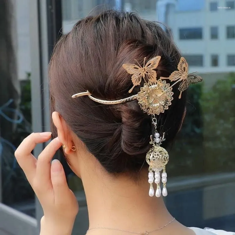 Hair Clips Chinese Vintage Style Luminous Lantern Claw Elegant Imitation Pearl Tassel Stick Fo Female Accessories