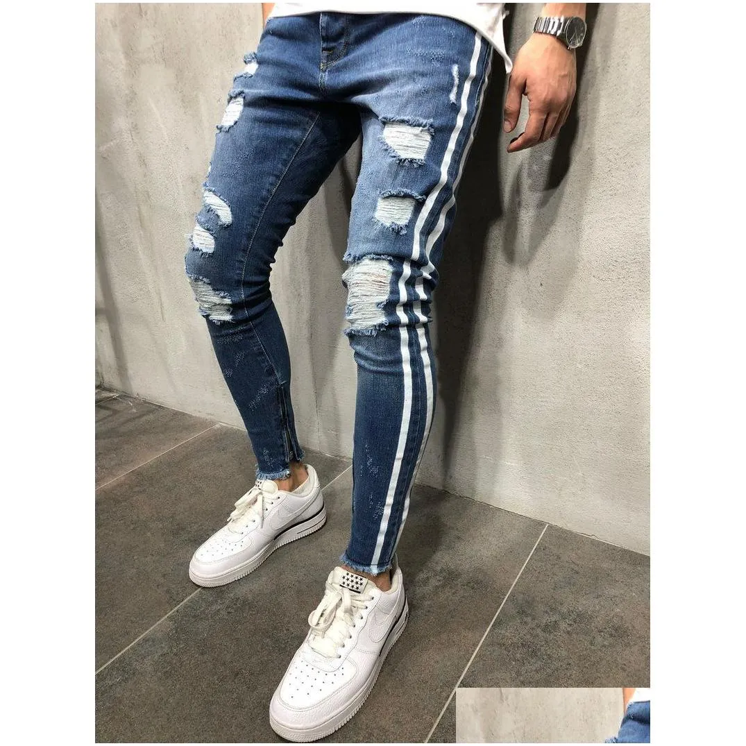 Men`S Jeans Mens Blue Denim Ripped Slim Fit Side Striped Male Skinny Pencil Pants Casual Trousers With Zippers Drop Delivery Apparel Dhuns
