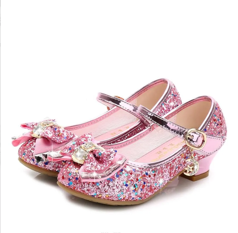 Brand Bow High Heel Shoes for Girls Princess Shoes Children Sequin Leather Shoes Kids Party Wedding Bling Glitter Crystal Shoe