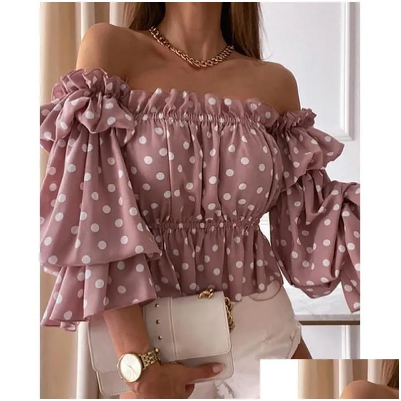 Women`S Blouses & Shirts Womens Women Off Shoder Ruffled Trim Shirring Shirt Female Top Summer Casual Long Sleeve Colorf Tighten Wais Dhbji