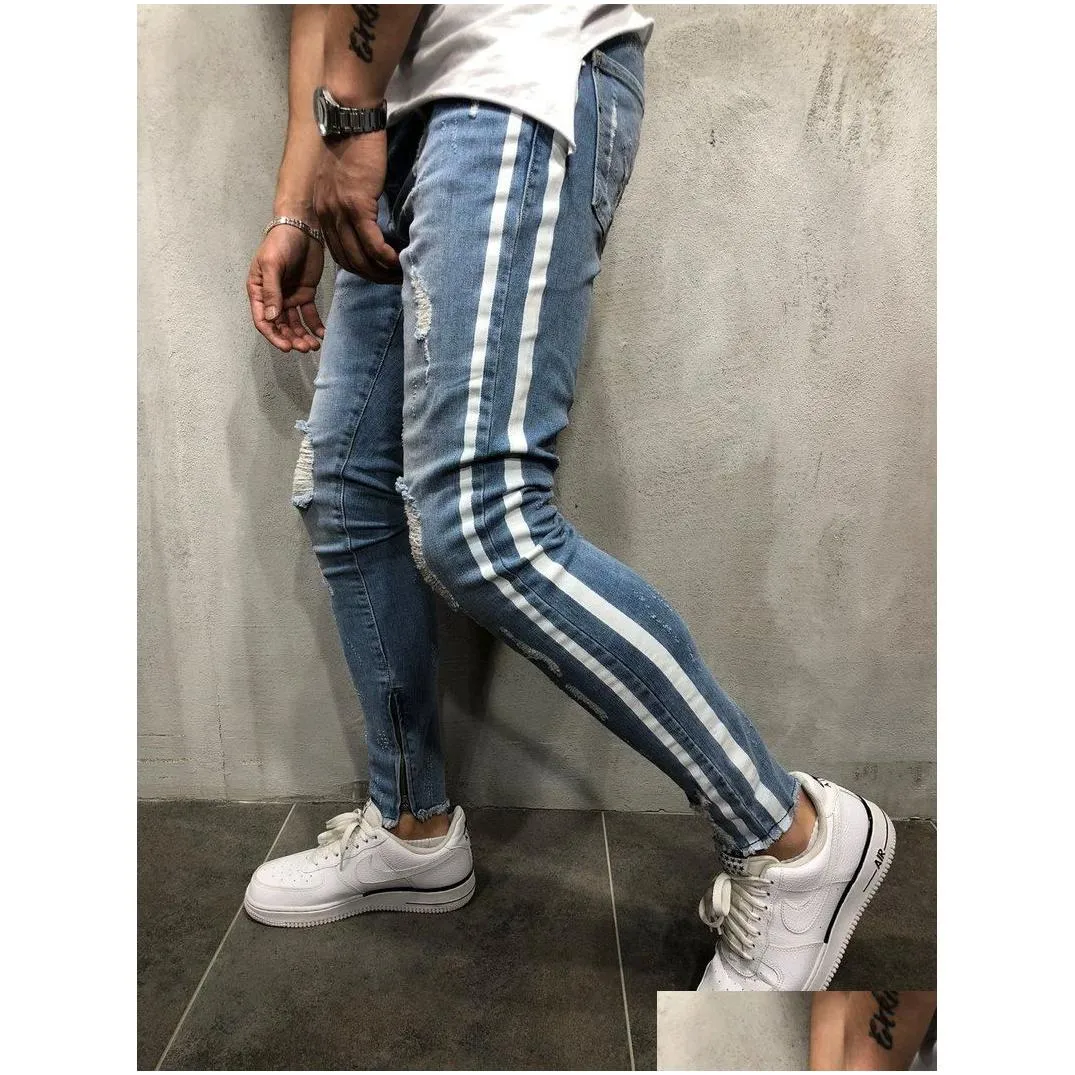 Men`S Jeans Mens Blue Denim Ripped Slim Fit Side Striped Male Skinny Pencil Pants Casual Trousers With Zippers Drop Delivery Apparel Dhuns