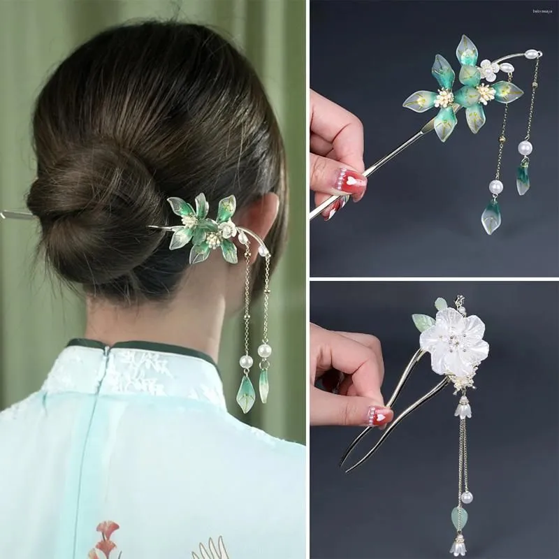 Hair Clips Chinese Stick Bun Headdress U-shape With Retro Fringed Flowers For Costume Party Masquerade Ball